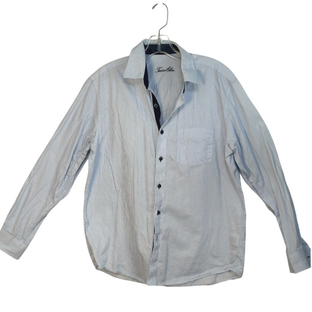 Tasso Elba Dress Shirt Blue White Pinstripe Long Sleeve Button Down M